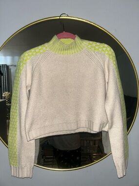 wild fable Cream Knit Turtleneck Sweater with Neon Yellow Accents